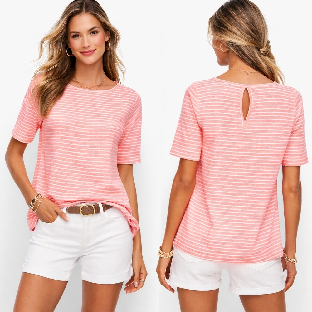 TALBOTS Short SleeveTop Women  Petite Small Coral Striped Preppy Coastal Beachy